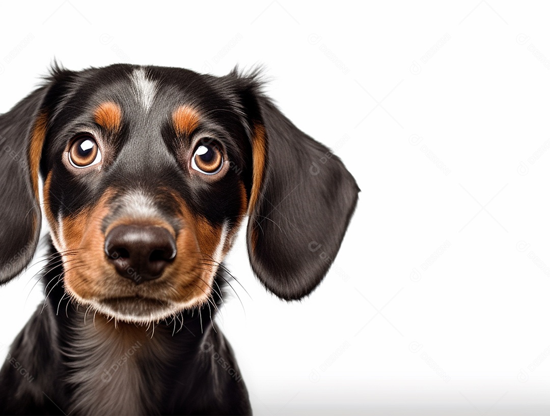 Cachorro de pelo preto sobre fundo isolado branco.