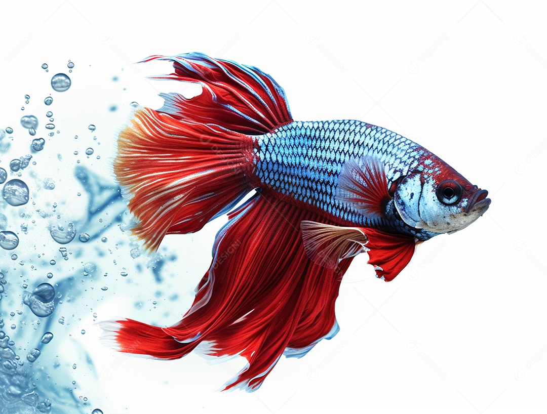 Peixe colorido nadando em torno de bolhas sobre fundo isolado branco.