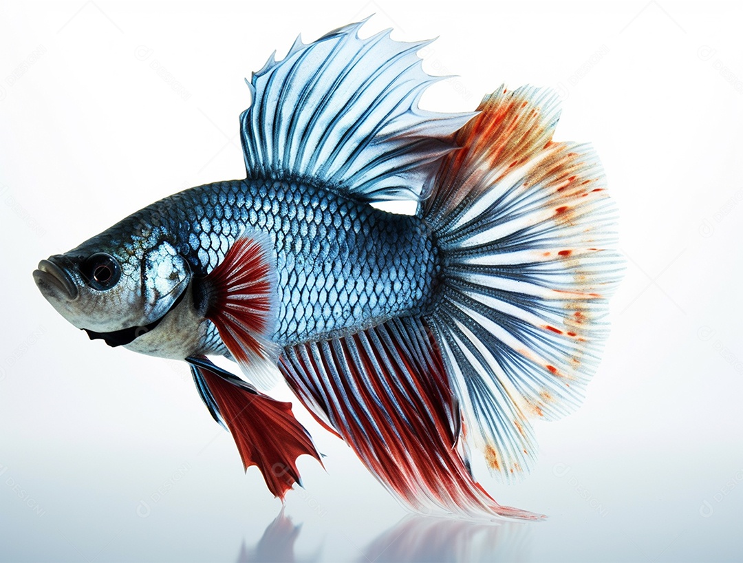 Peixe colorido nadando sobre fundo isolado branco.