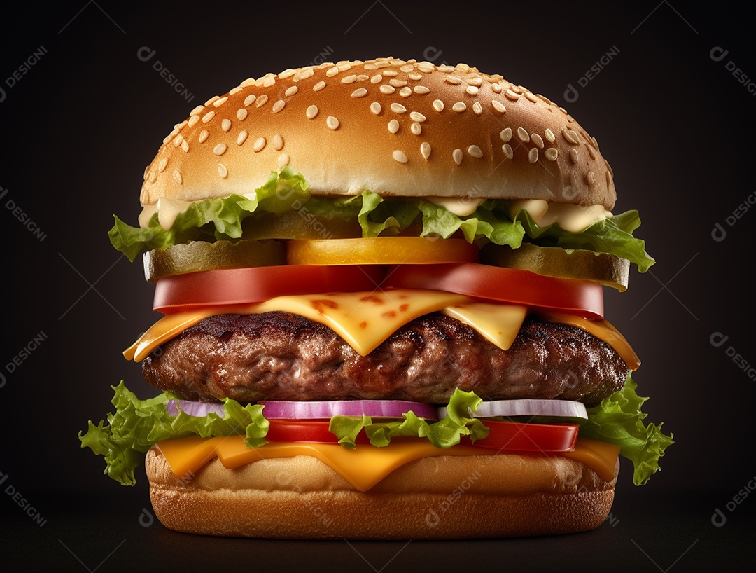 Hambúrguer saboroso sobre fundo isolado escuro.