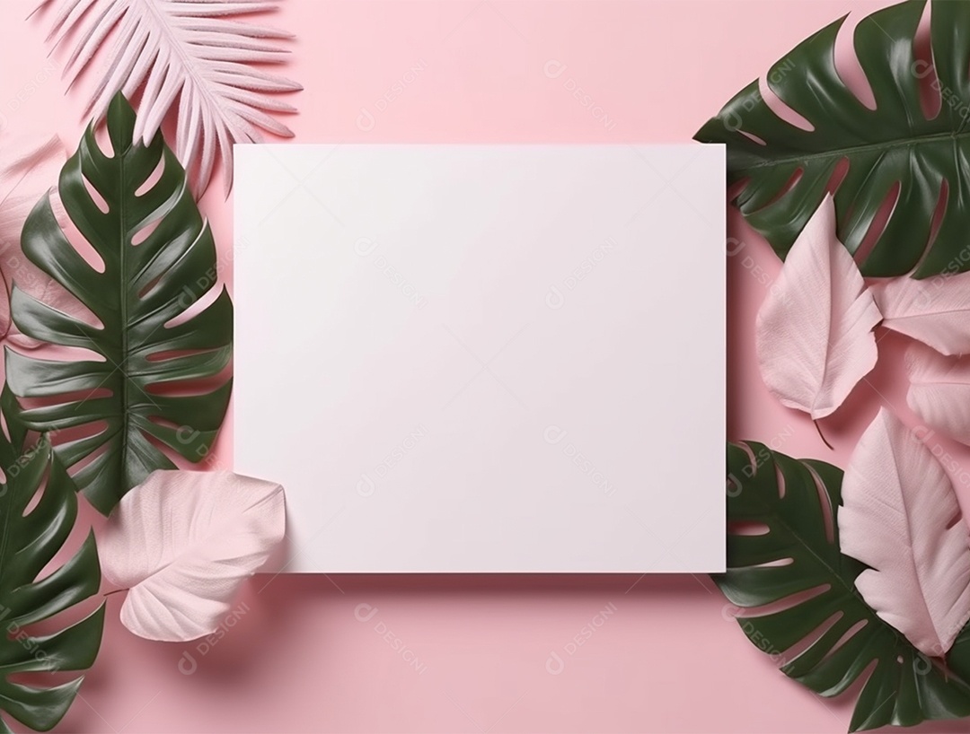 Papel em branco sobre fundo rosa com folhagem.