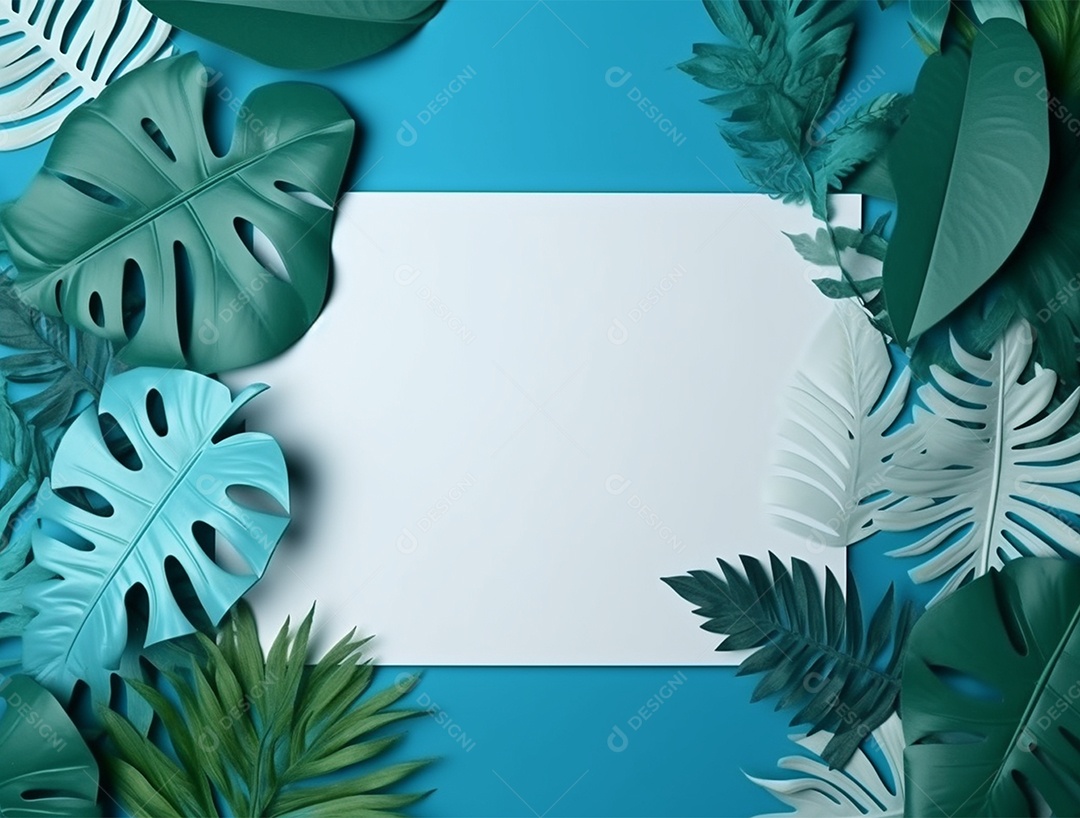 Papel em branco sobre fundo azul com folhagem.