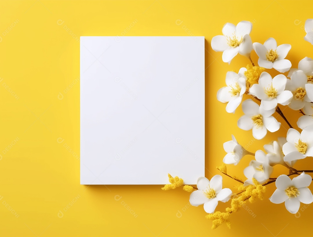 Papel em branco sobre fundo amarelo com buquê de flores.