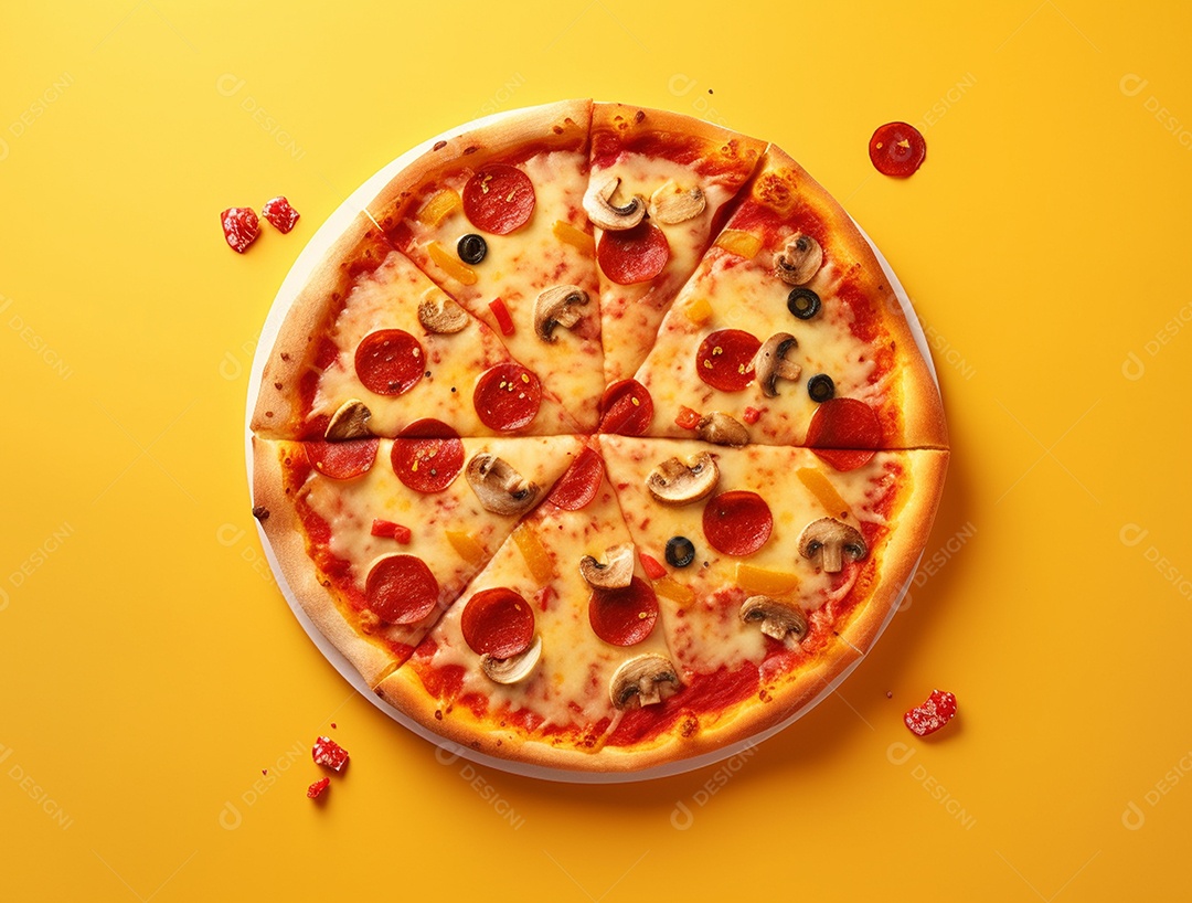 Pizza fatiada sobre fundo isolado amarelo.