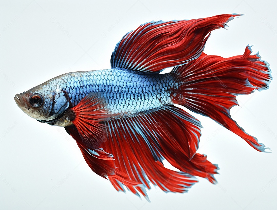 Peixe betta colorido nadando sobre fundo isolado branco.