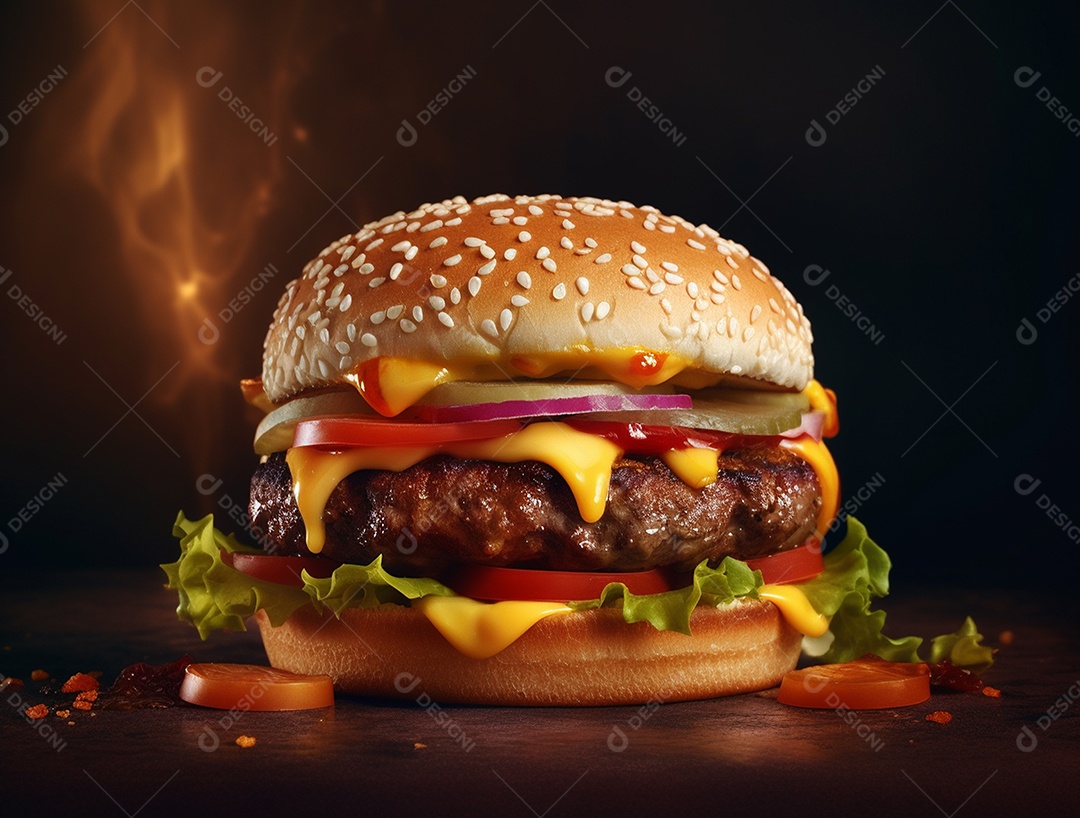 Saboroso hambúrguer sobre fundo isolado com chamas.