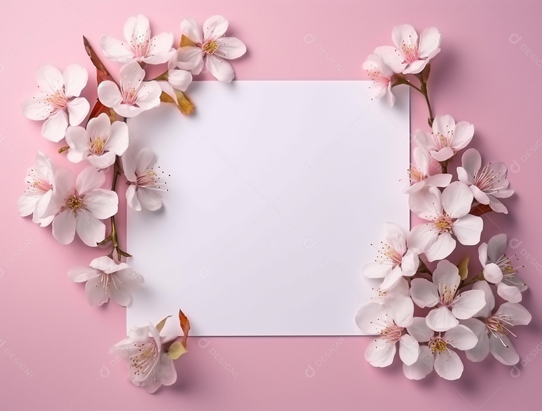 Papel em branco sobre fundo rosa com buquê de flores.