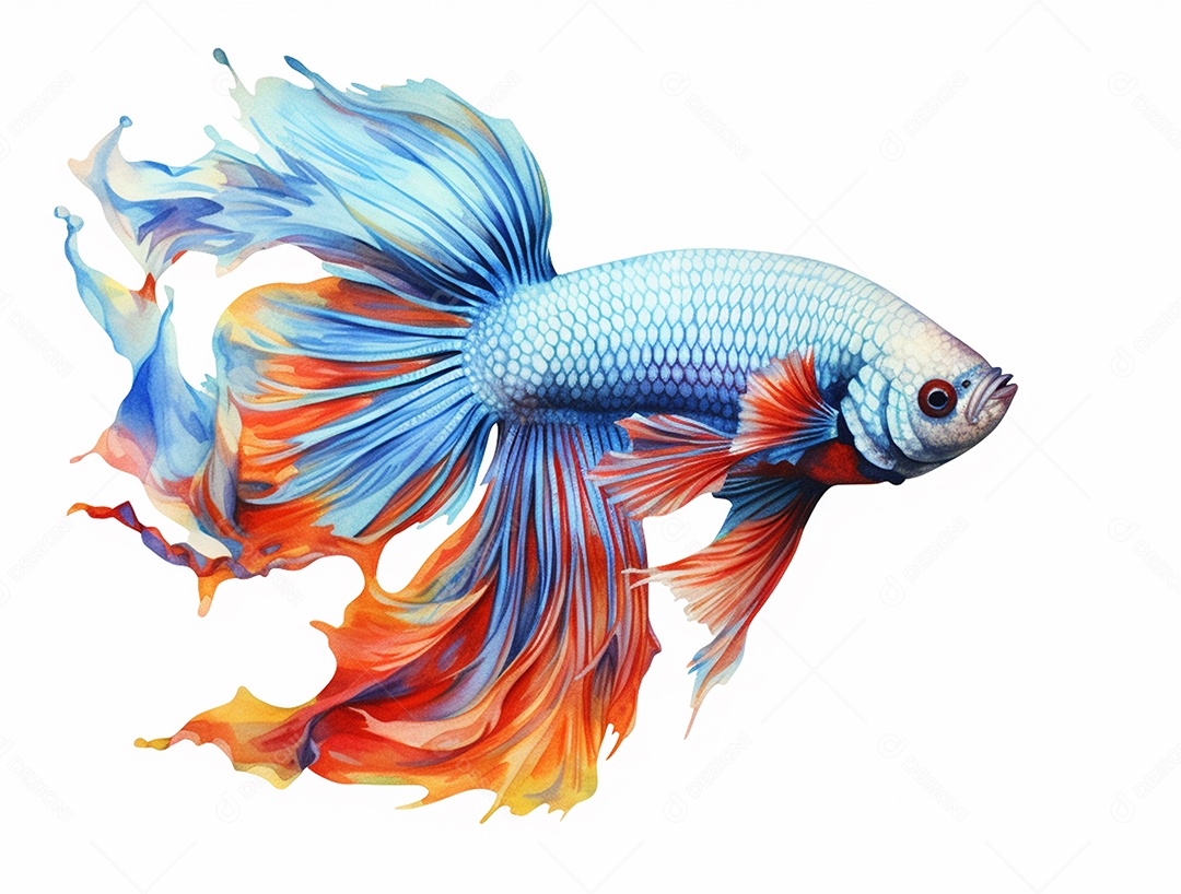 Peixe betta colorido nadando sobre fundo isolado branco.