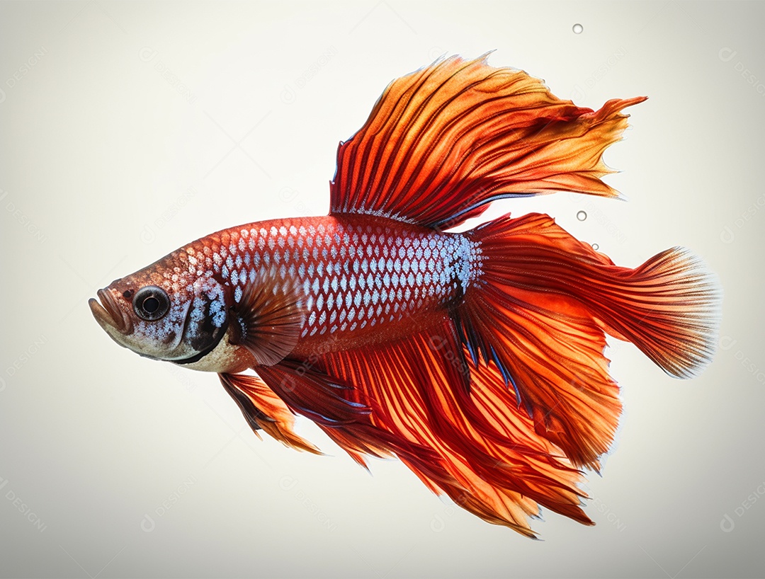Peixe betta colorido nadando sobre fundo isolado branco.