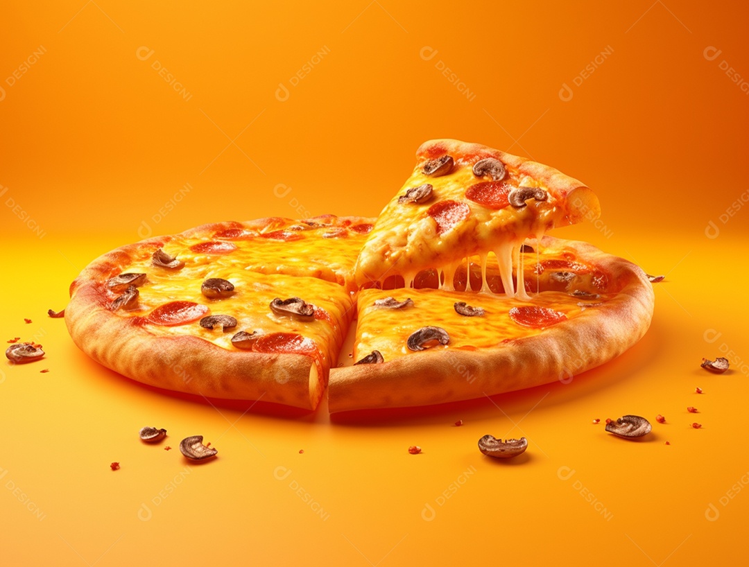 Pizza fatiada sobre fundo isolado amarelo.