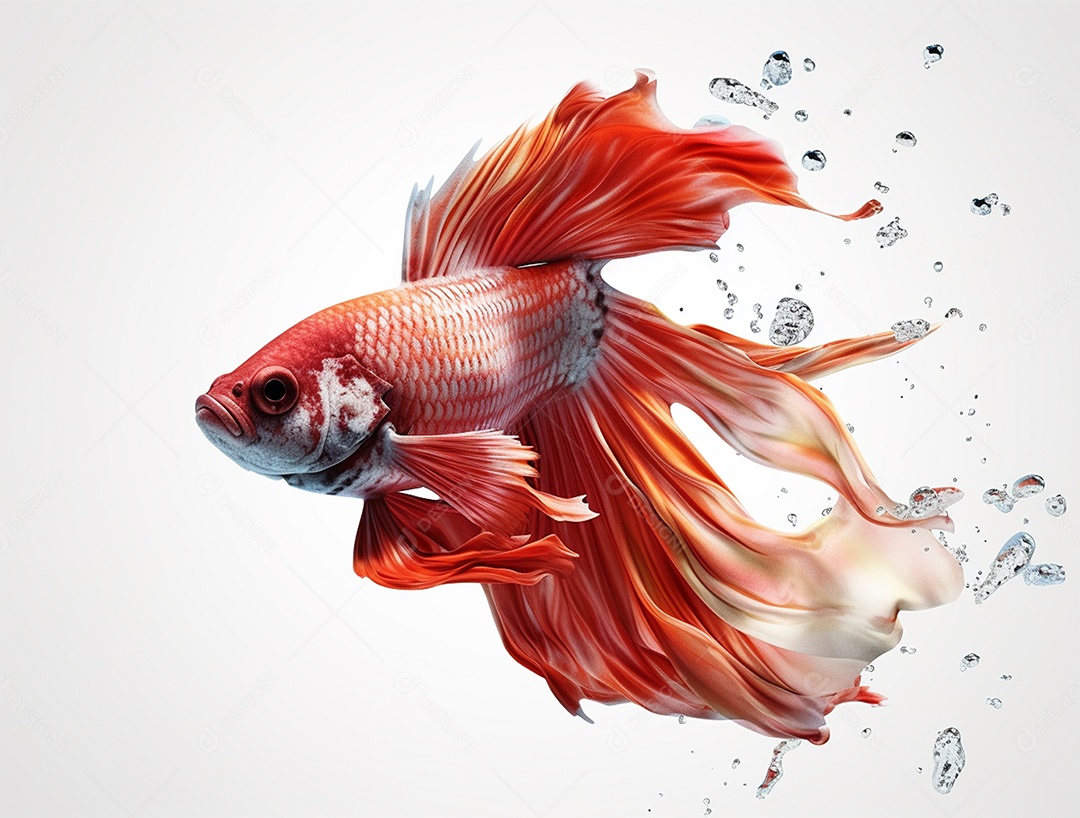 Peixe colorido nadando em torno de bolhas sobre fundo isolado branco.