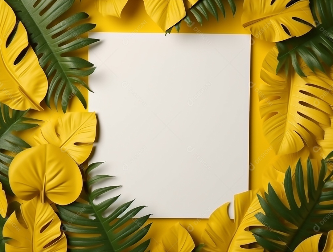 Papel em branco sobre fundo amarelo com folhagem.