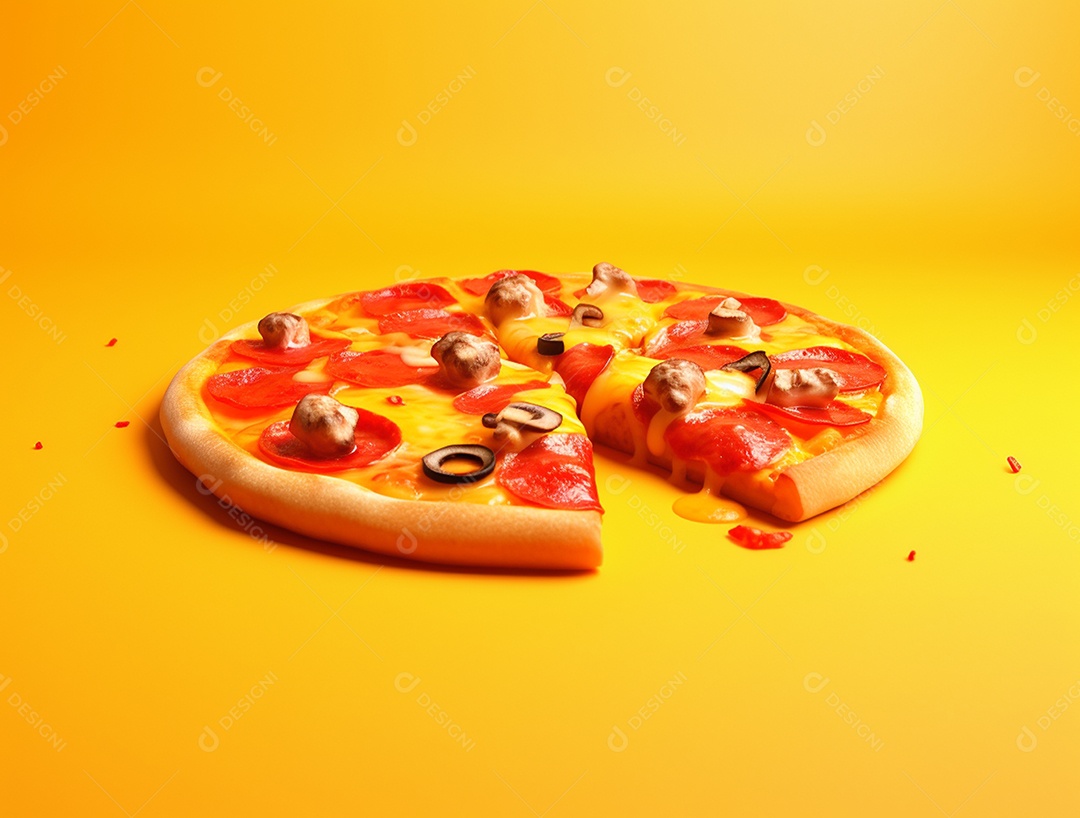 Pizza fatiada sobre fundo isolado amarelo.
