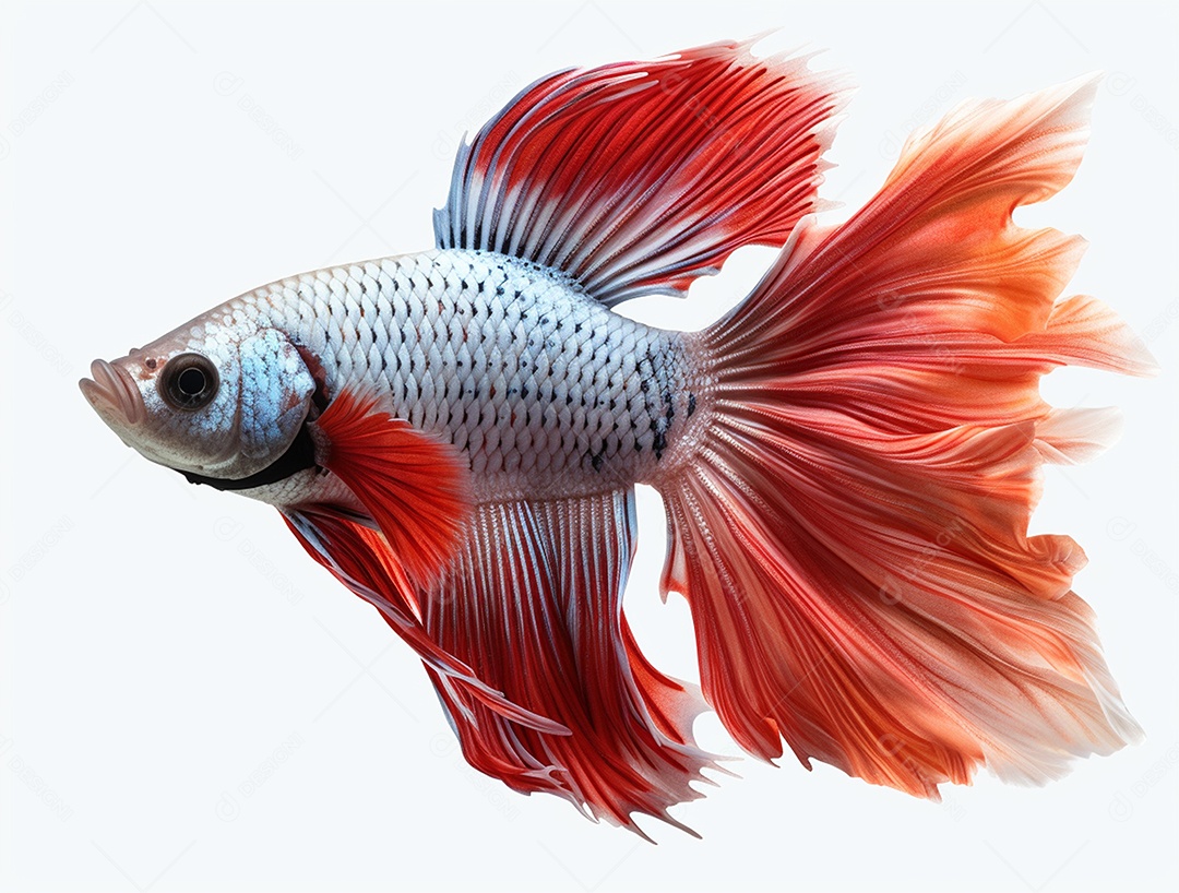 Peixe betta colorido nadando sobre fundo isolado branco.