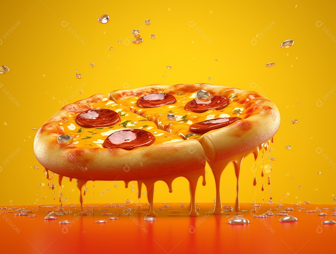 Pizza com mussarela derretendo sobre fundo isolado amarelo.