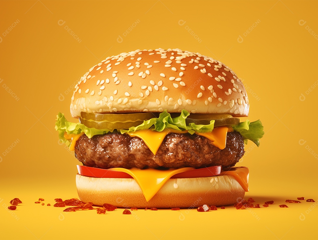 Hambúrguer gourmet sobre fundo amarelo.