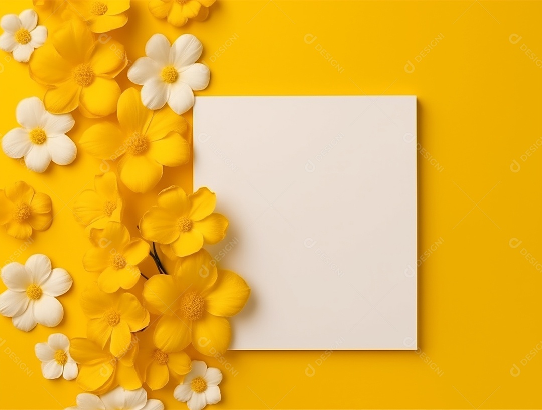 Papel em branco sobre fundo amarelo com flores.