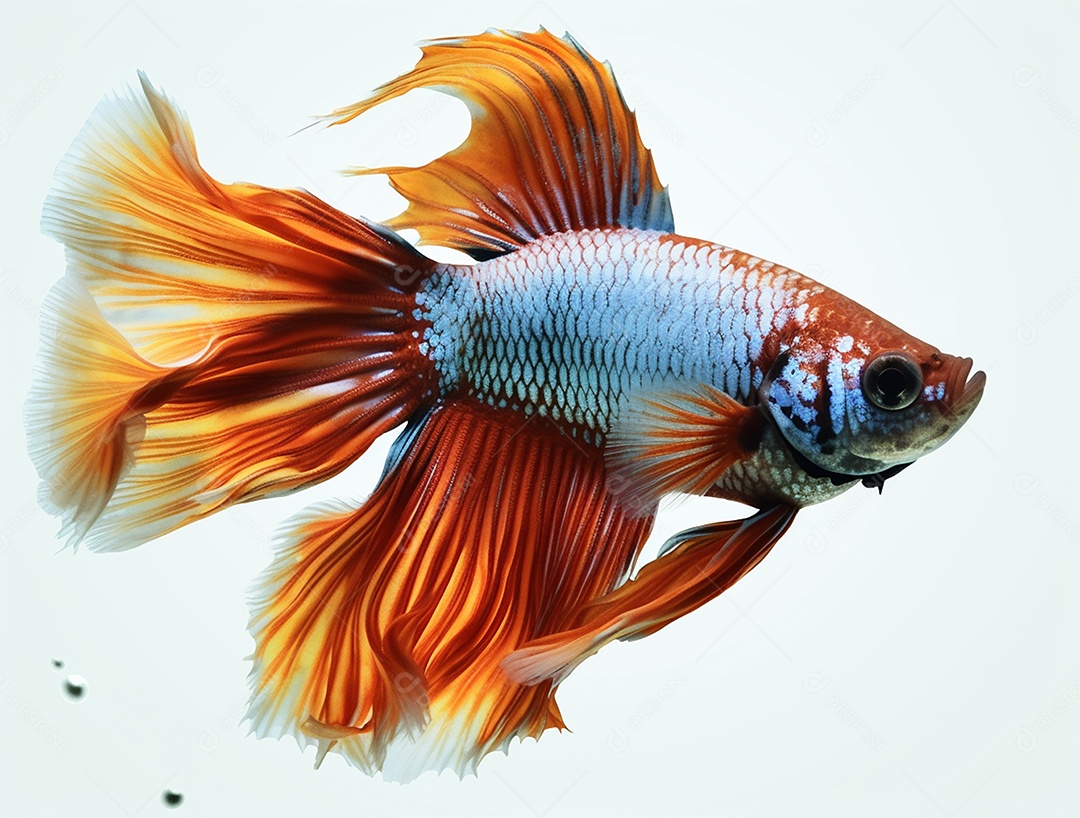 Peixe betta colorido nadando sobre fundo isolado branco.
