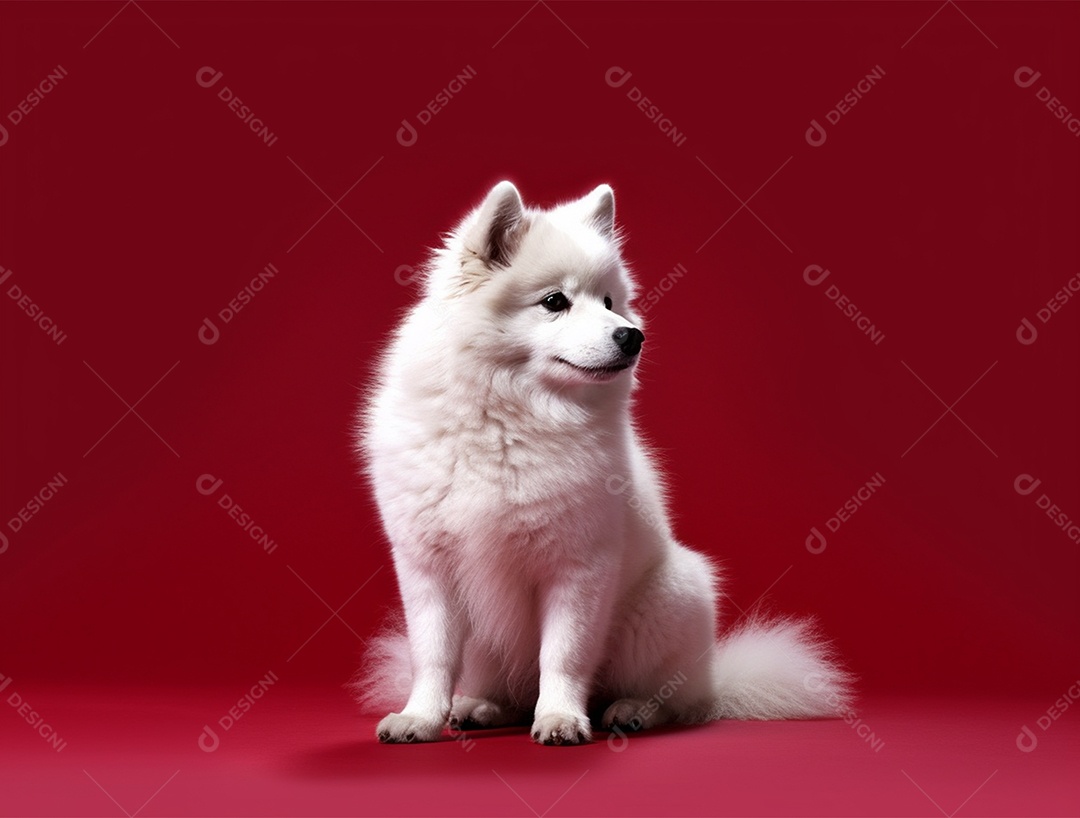 Lindo cachorro de pelos brancos sobre fundo isolado vermelho.