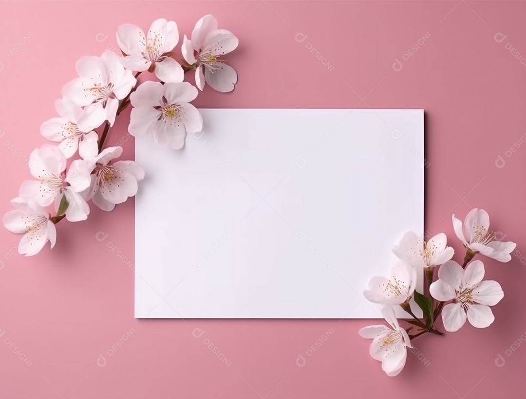 Papel em branco sobre fundo rosa com flores.