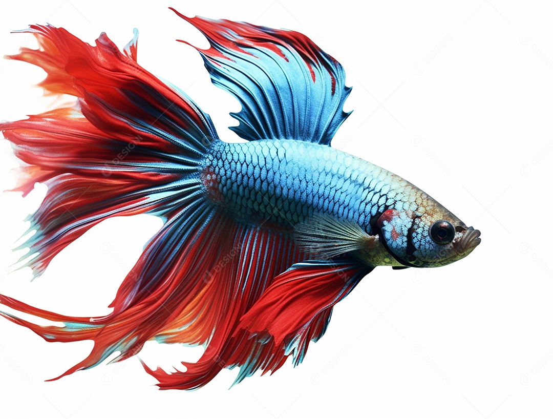 Peixe betta colorido nadando sobre fundo isolado branco.