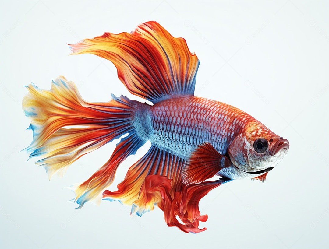 Peixe betta colorido nadando sobre fundo isolado branco.