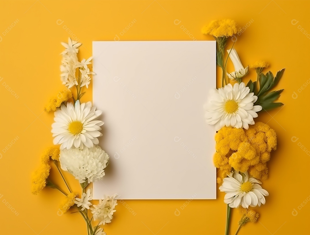 Papel em branco sobre fundo amarelo com flores.