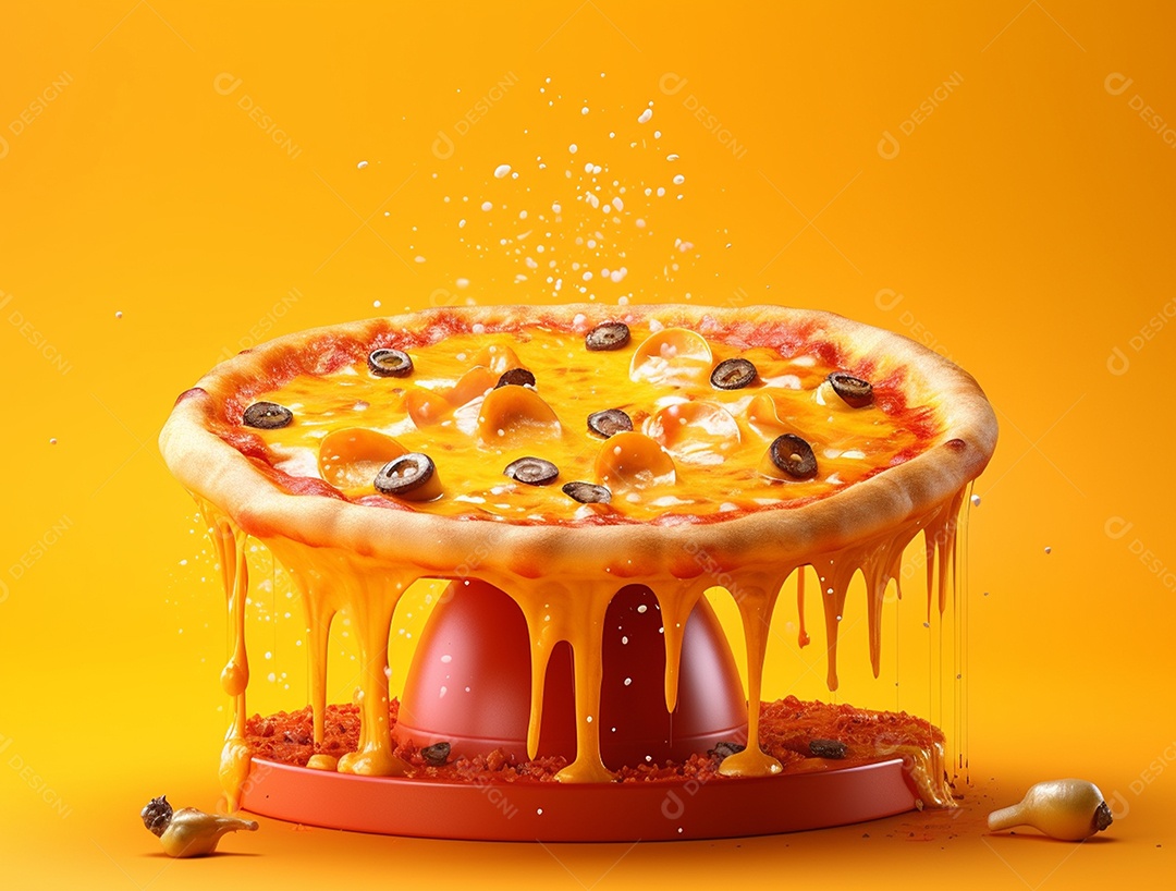 Pizza suculenta sobre fundo isolado amarelo.