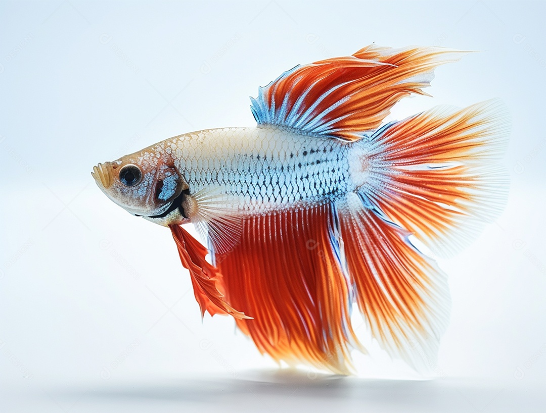 Peixe betta colorido nadando sobre fundo isolado branco.