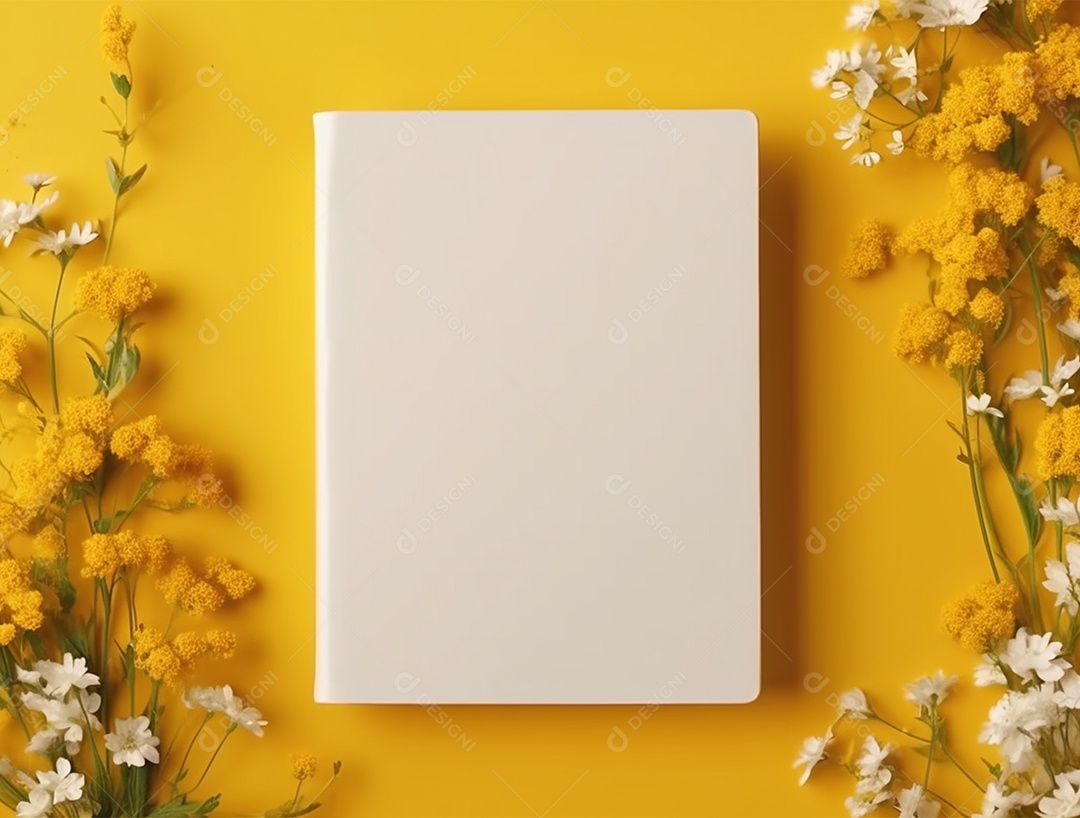 Papel em branco sobre fundo amarelo com flores.