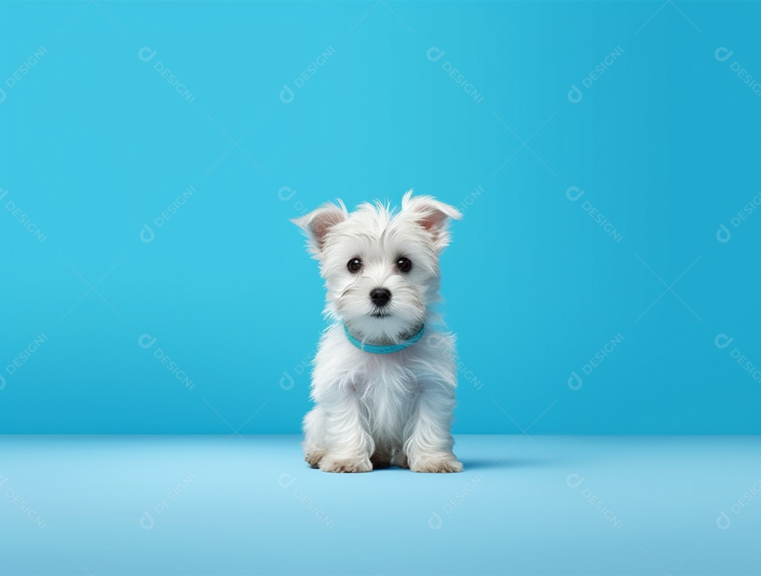 Cachorro de pelo branco sobre fundo isolado azul.