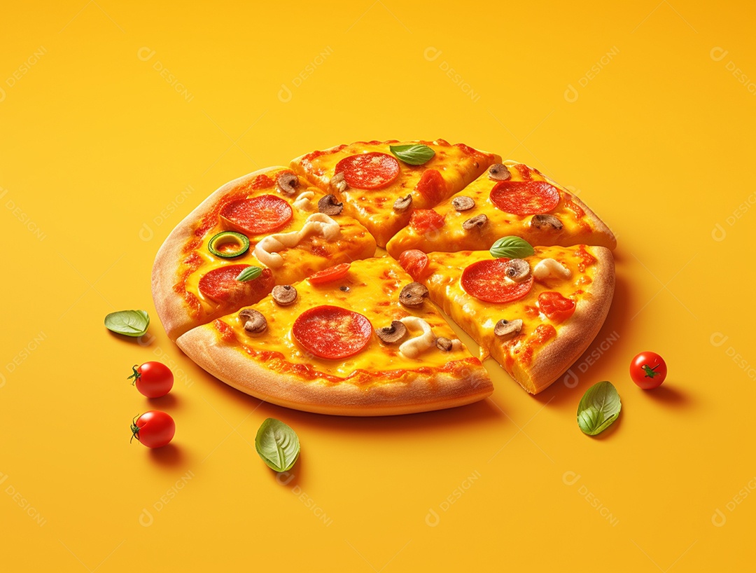 Pizza fatiada sobre fundo isolado amarelo.
