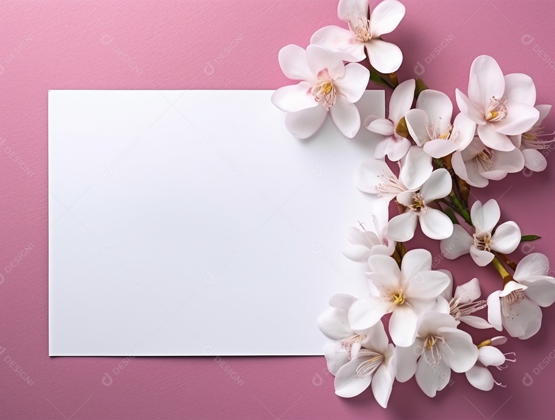 Papel em branco sobre fundo isolado rosa com flores.