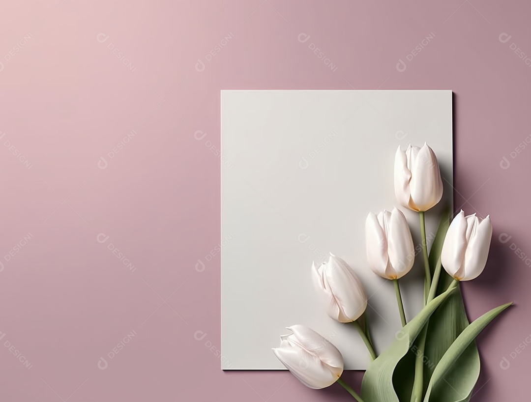 Flores de tulipas sobre fundo com papel em branco.