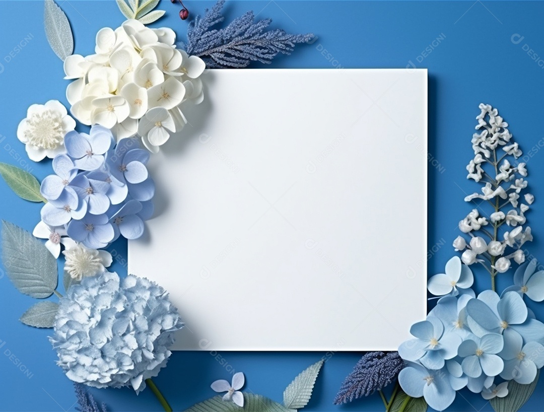 Papel em branco sobre fundo azul com buquê de flores.
