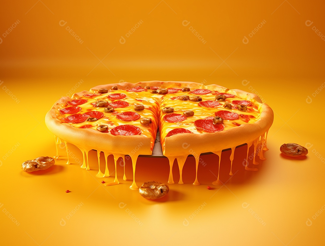 Pizza fatiada sobre fundo isolado amarelo.