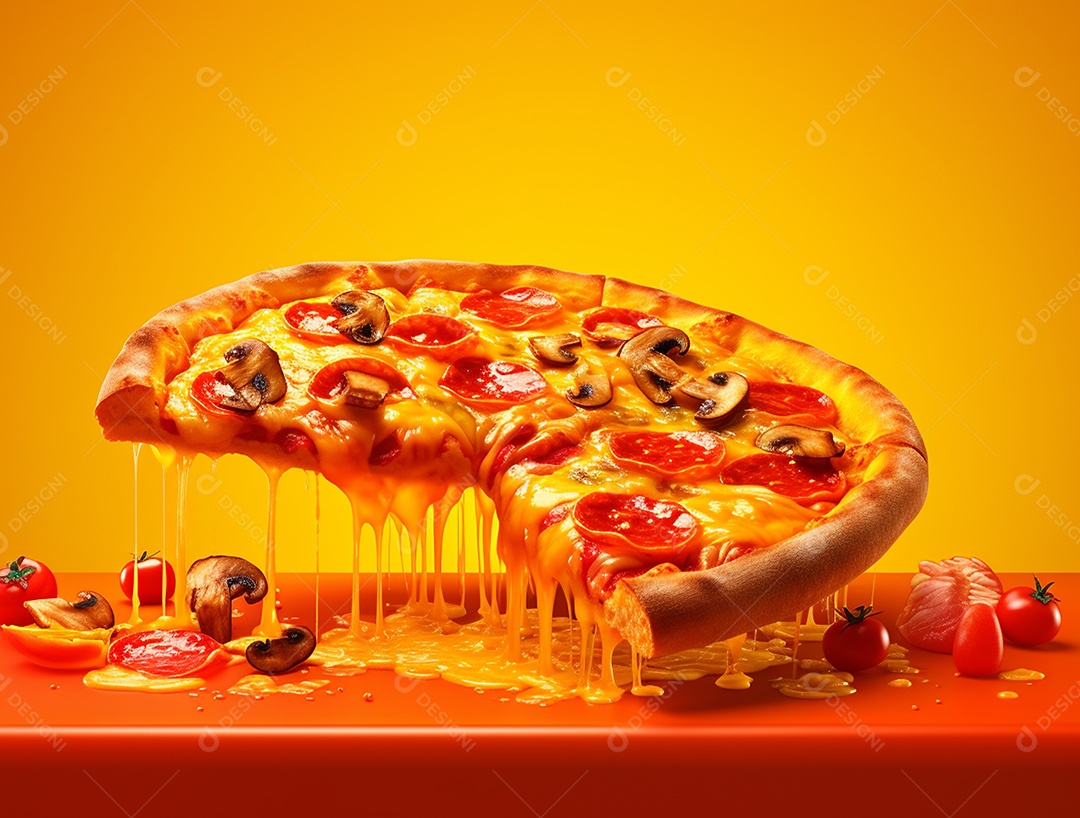 Pizza fatiada sobre fundo isolado amarelo.