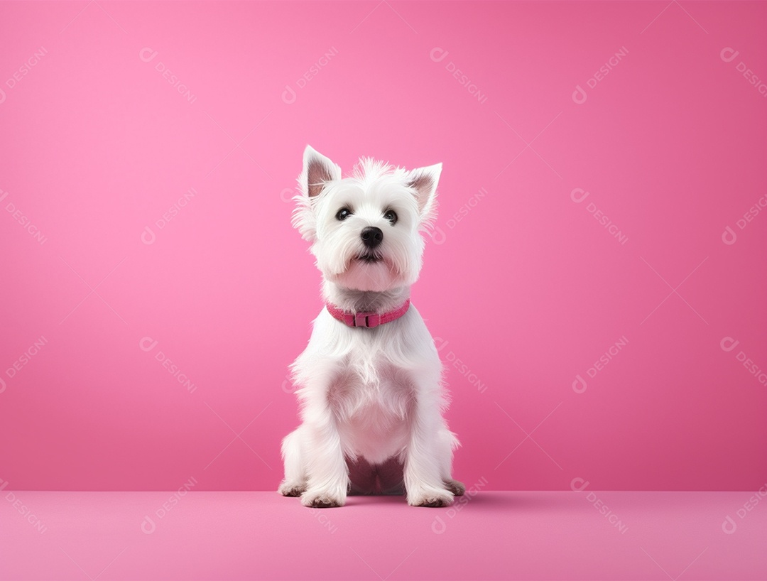 Cachorro de pelo branco sobre fundo isolado rosa.