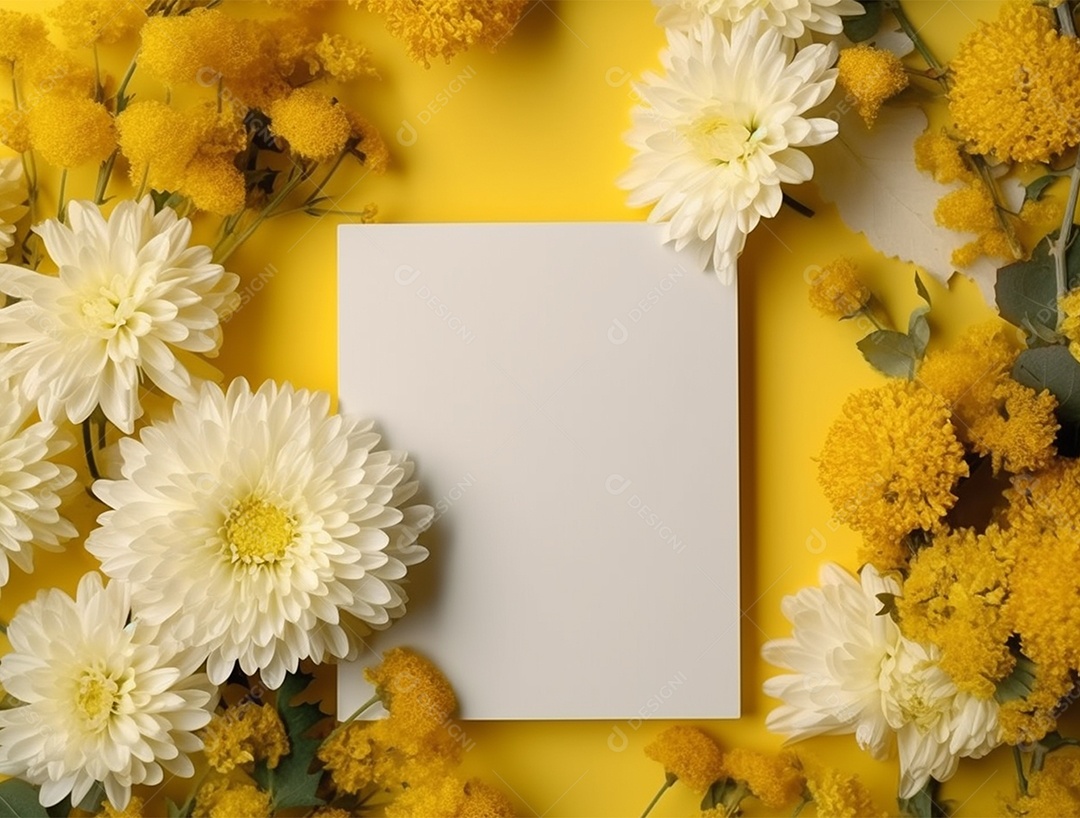 Papel em branco sobre fundo amarelo com flores.