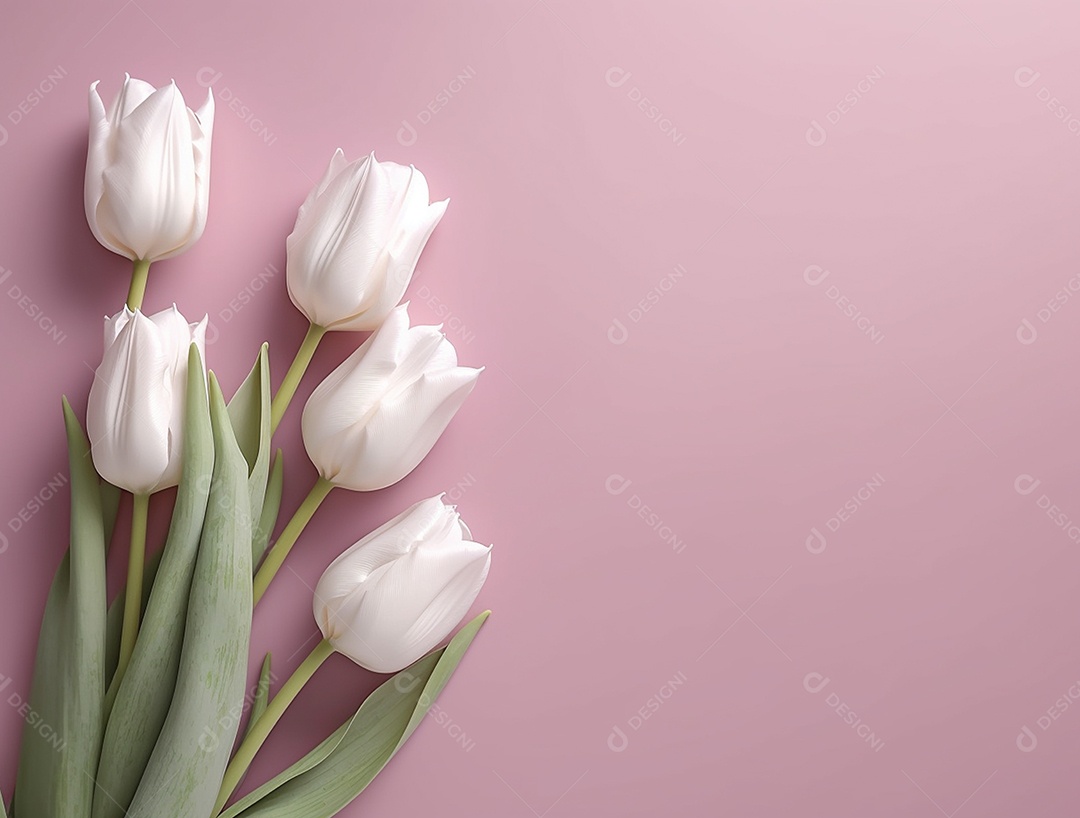 Flores de tulipas brancas sobre fundo rosa.