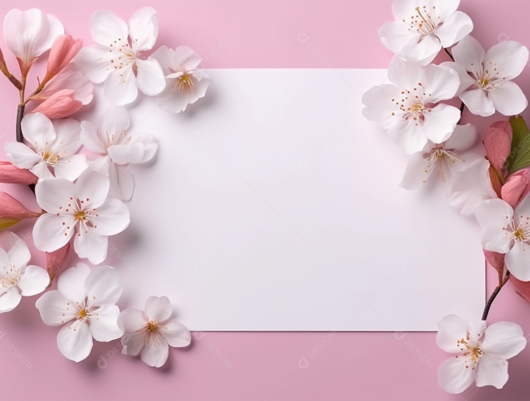 Papel em branco sobre fundo rosa com flores.