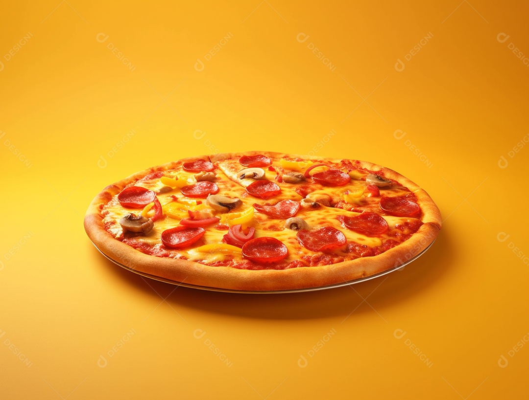 Pizza Margherita sobre fundo isolado amarelo.