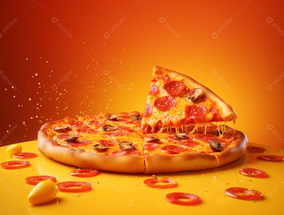 Pizza fatiada sobre fundo isolado amarelo.