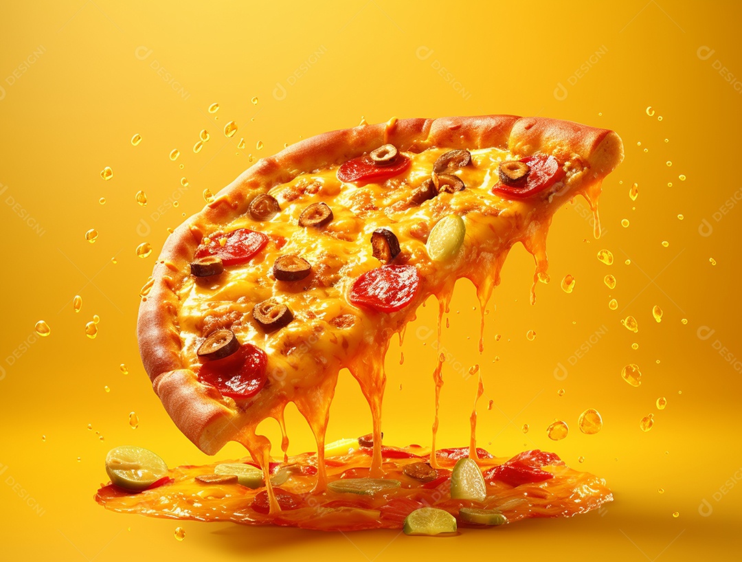 Metade da pizza marguerita sobre fundo isolado amarelo.