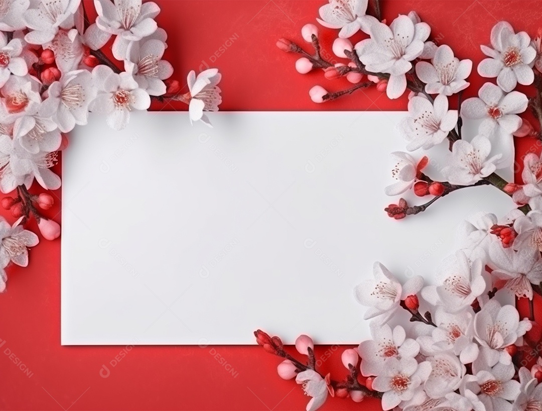 Papel em branco sobre fundo isolado vermelho com flores.