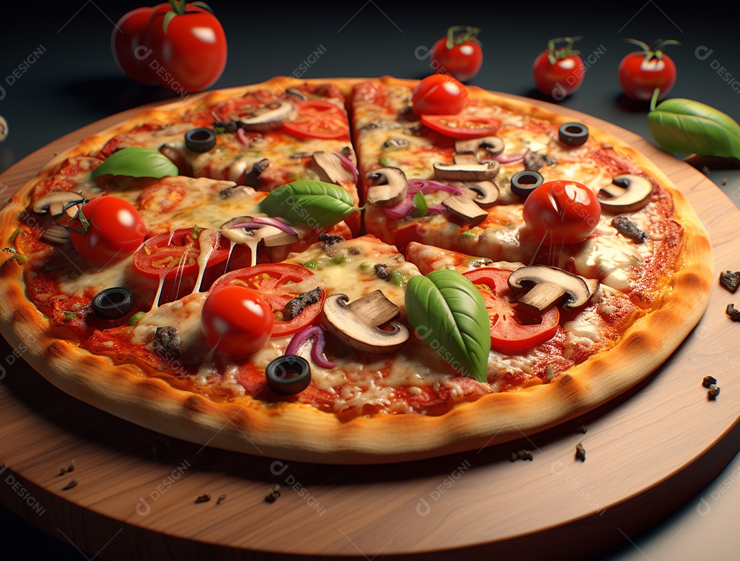 Pizza fatiada sobre uma tábua de madeira.