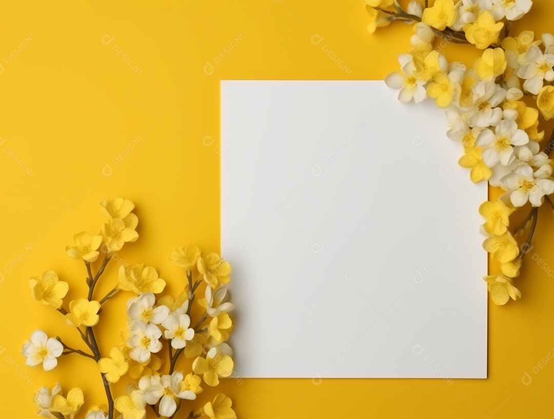 Papel em branco sobre fundo amarelo com buquê de flores.