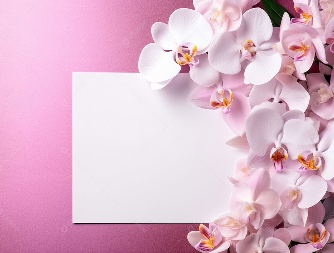 Papel em branco sobre fundo rosa com buquê de flores.