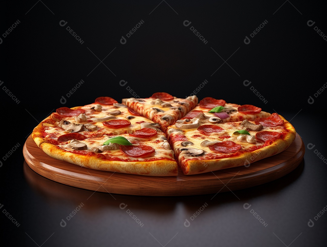 Pizza fatiada sobre uma tábua de madeira.