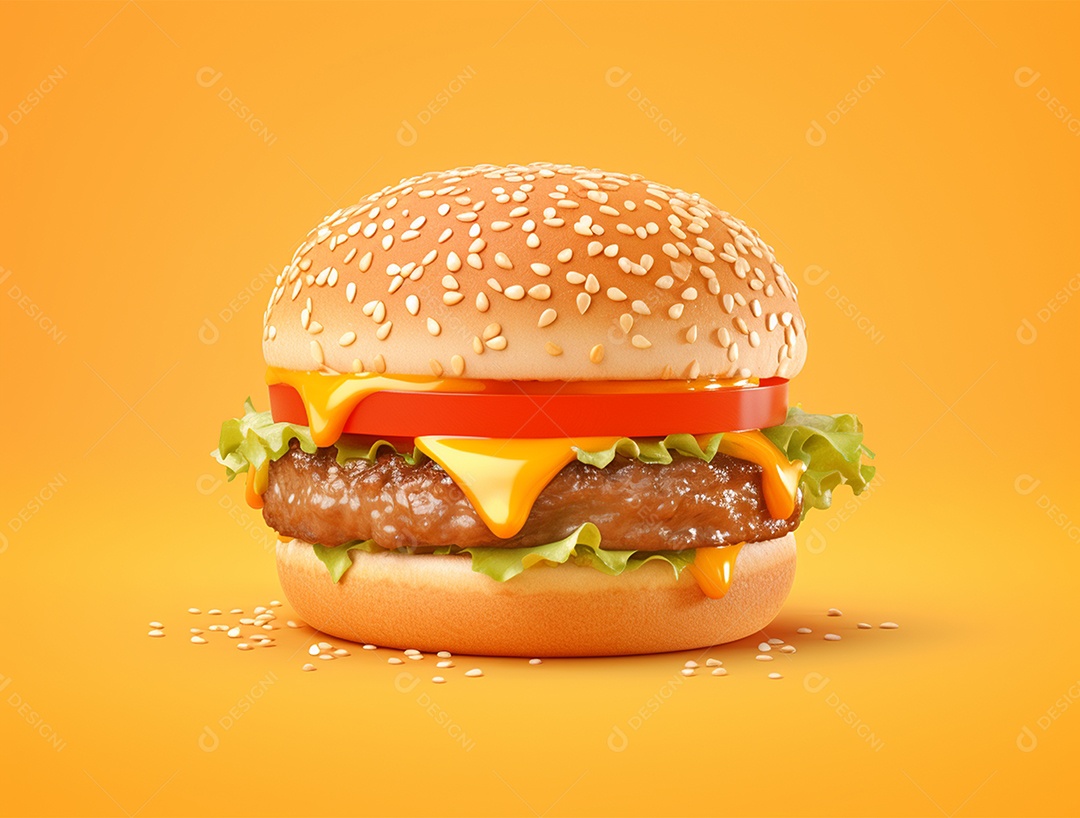 Delicioso Hamburguer sobre fundo isolado amarelo.